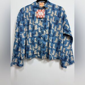 Solelia Blue Shirt with Boot Print, NWT, size XS.